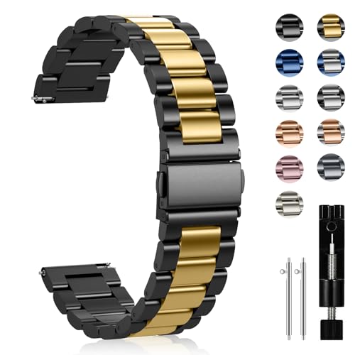 [CeiBand] バンド 18mm 20mm 22mm ステンレス製 時計バンド 交換ベルト 金属ベルト メタルストラップ スマートウォッチバンド クイックリリースベルト バタフライバックル付き 調整工具付 - ブラック/ゴールド